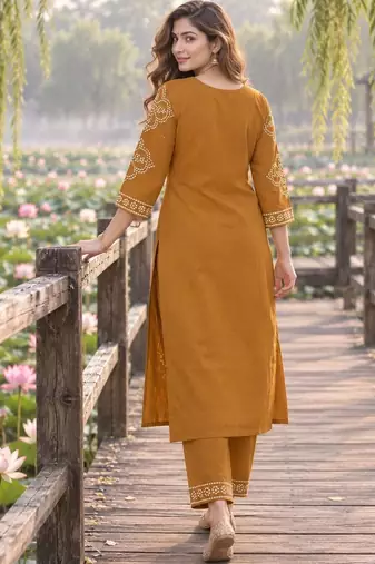 women ethnic motifs printed regular mirror work  cotton kurta with trousers & with dupatta