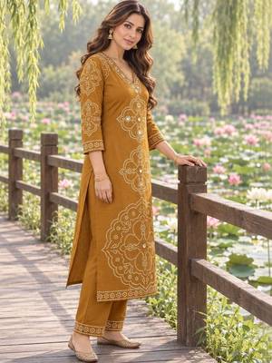 women ethnic motifs printed regular mirror work  cotton kurta with trousers & with dupatta 3