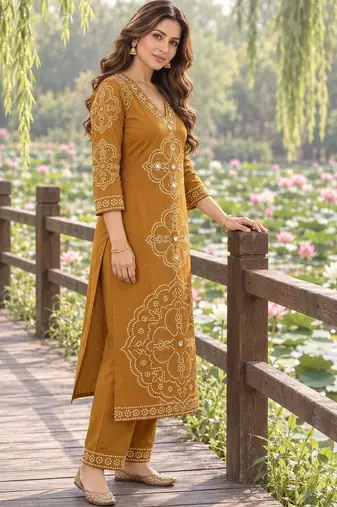 women ethnic motifs printed regular mirror work  cotton kurta with trousers & with dupatta