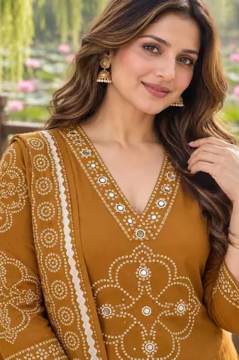women ethnic motifs printed regular mirror work  cotton kurta with trousers & with dupatta