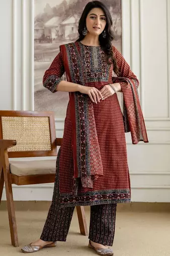 women ethnic motifs printed regular  cotton kurta with trousers & with dupatta