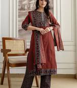 women ethnic motifs printed regular  cotton kurta with trousers & with dupatta