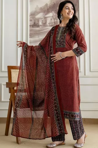 women ethnic motifs printed regular  cotton kurta with trousers & with dupatta
