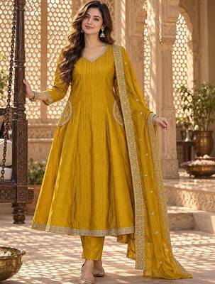 women embroidered sequinned  silk kurta with trousers & with dupatta 1