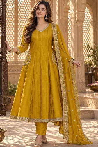 women embroidered sequinned  silk kurta with trousers & with dupatta
