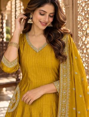 women embroidered sequinned  silk kurta with trousers & with dupatta 2