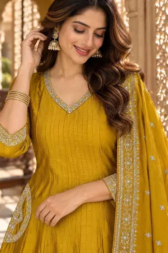 women embroidered sequinned  silk kurta with trousers & with dupatta