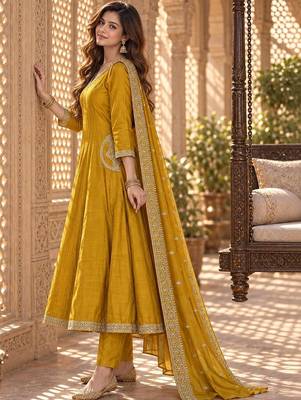 women embroidered sequinned  silk kurta with trousers & with dupatta 3