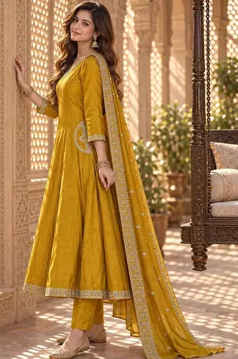 women embroidered sequinned  silk kurta with trousers & with dupatta
