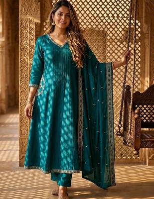 women ethnic motifs regular thread work  silk kurta with trousers & with dupatta 1