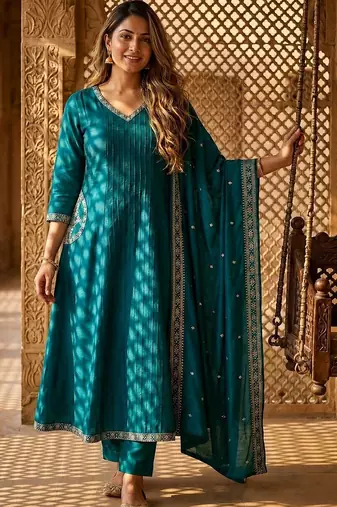 women ethnic motifs regular thread work  silk kurta with trousers & with dupatta