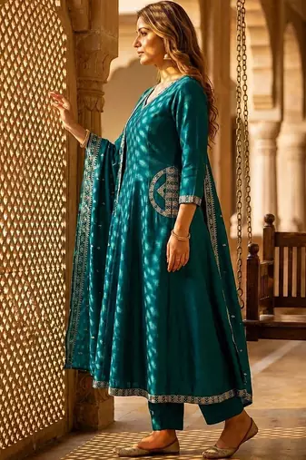 women ethnic motifs regular thread work  silk kurta with trousers & with dupatta