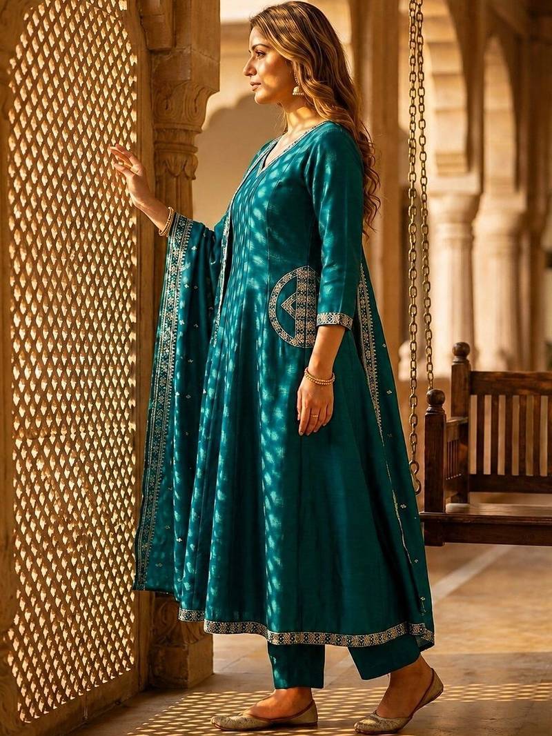 women ethnic motifs regular thread work  silk kurta with trousers & with dupatta
