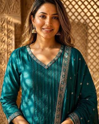 women ethnic motifs regular thread work  silk kurta with trousers & with dupatta 3
