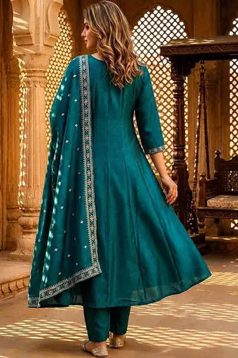 women ethnic motifs regular thread work  silk kurta with trousers & with dupatta