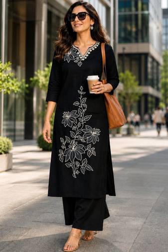 women floral embroidered regular thread work  cotton kurta with palazzos
