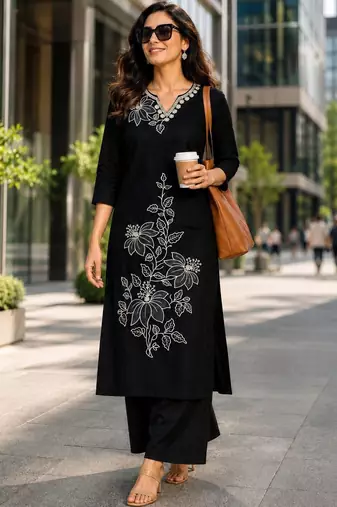 women floral embroidered regular thread work  cotton kurta with palazzos