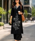 women floral embroidered regular thread work  cotton kurta with palazzos