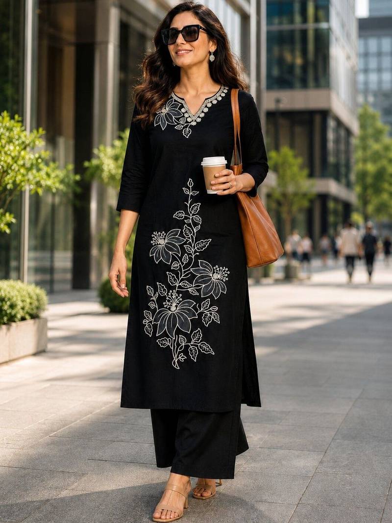 women floral embroidered regular thread work  cotton kurta with palazzos