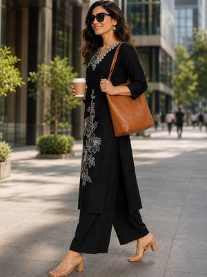 women floral embroidered regular thread work  cotton kurta with palazzos 4