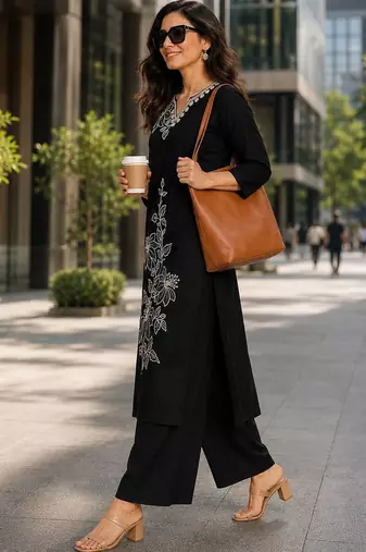 women floral embroidered regular thread work  cotton kurta with palazzos