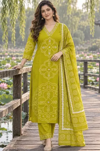 women ethnic motifs printed regular mirror work  cotton kurta with trousers & with dupatta