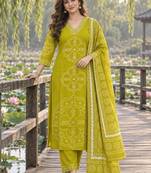 women ethnic motifs printed regular mirror work  cotton kurta with trousers & with dupatta