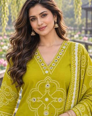 women ethnic motifs printed regular mirror work  cotton kurta with trousers & with dupatta 2