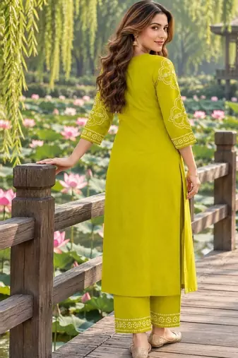 women ethnic motifs printed regular mirror work  cotton kurta with trousers & with dupatta