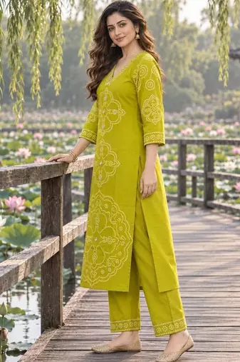 women ethnic motifs printed regular mirror work  cotton kurta with trousers & with dupatta