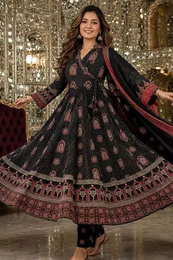 women ethnic motifs printed angrakha  cotton kurta with trousers & with dupatta