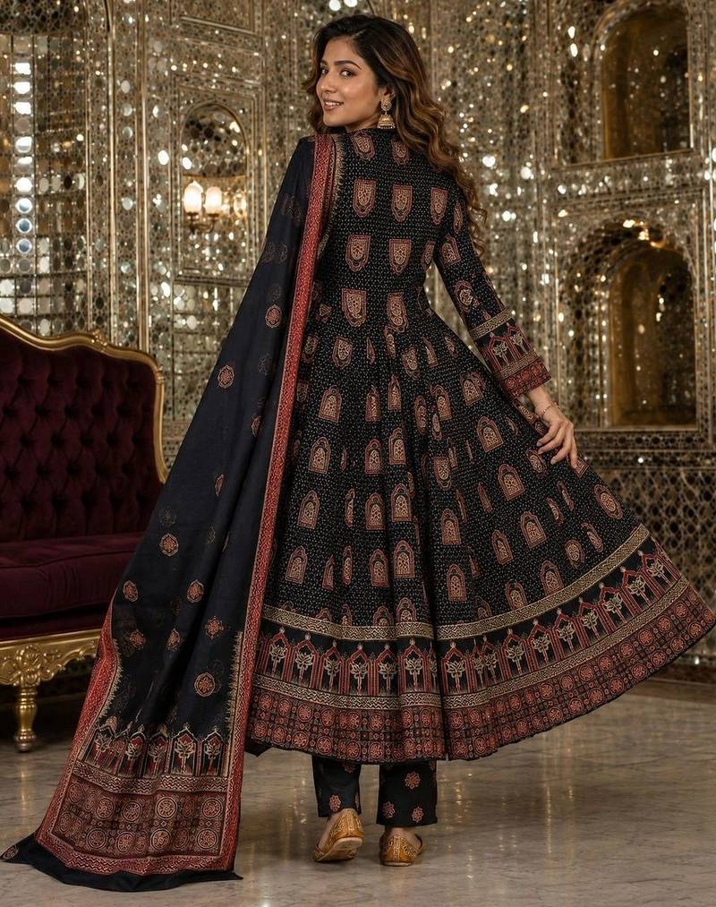 women ethnic motifs printed angrakha  cotton kurta with trousers & with dupatta