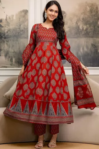 women ethnic motifs printed  cotton kurta with trousers & with dupatta