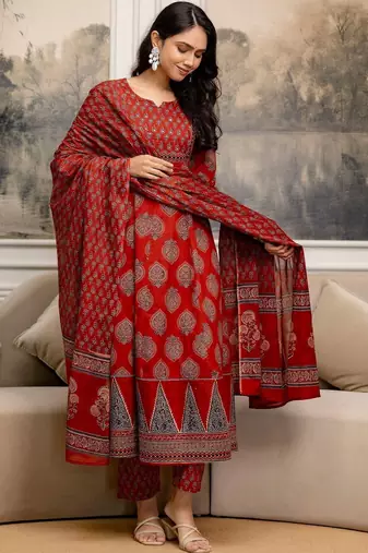 women ethnic motifs printed  cotton kurta with trousers & with dupatta