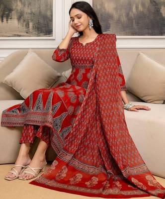women ethnic motifs printed  cotton kurta with trousers & with dupatta 6