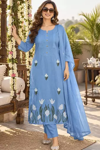 women floral embroidered thread work  cotton kurta trousers & dupatta