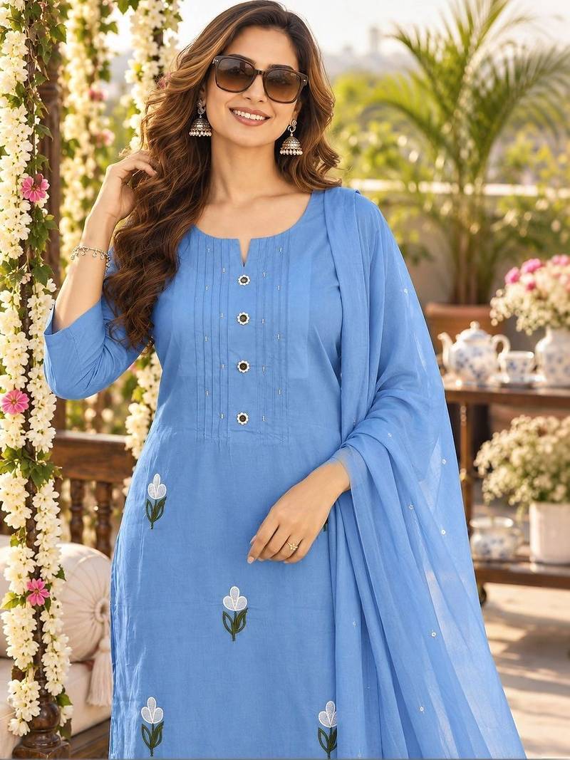 women floral embroidered thread work  cotton kurta trousers & dupatta