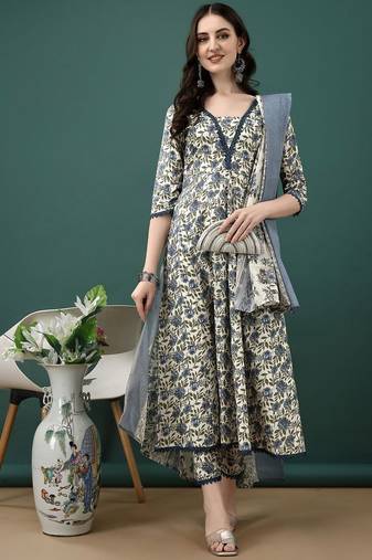 women floral printed anarkali  cotton kurta with trousers & dupatta