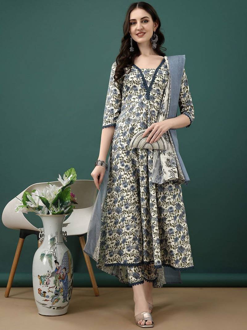 women floral printed anarkali  cotton kurta with trousers & dupatta