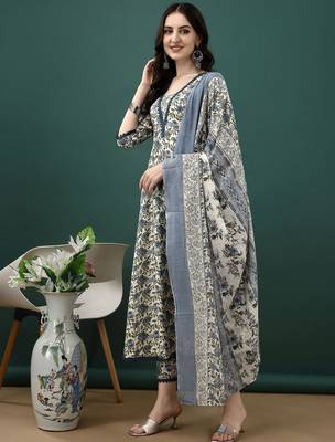 women floral printed anarkali  cotton kurta with trousers & dupatta 4