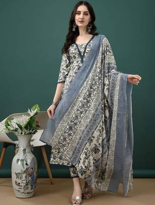 women floral printed anarkali  cotton kurta with trousers & dupatta 6
