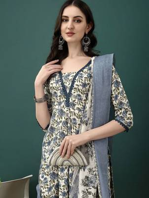 women floral printed anarkali  cotton kurta with trousers & dupatta 7