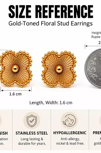 Anti-tarnish, four-petal design, radial texture, stud closure, women's jewellery
