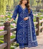 women ethnic motifs printed regular  cotton kurta with trousers & with dupatta