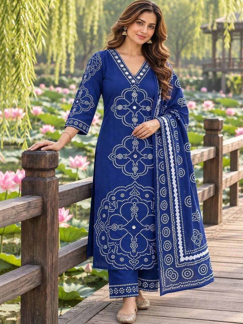 women ethnic motifs printed regular  cotton kurta with trousers & with dupatta