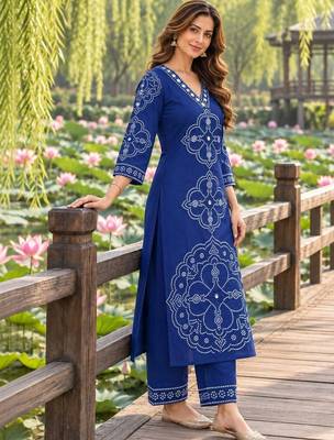 women ethnic motifs printed regular  cotton kurta with trousers & with dupatta 4