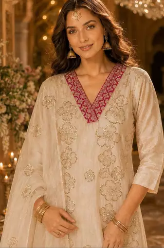 women ethnic motifs embroidered regular kurta with trousers & with dupatta