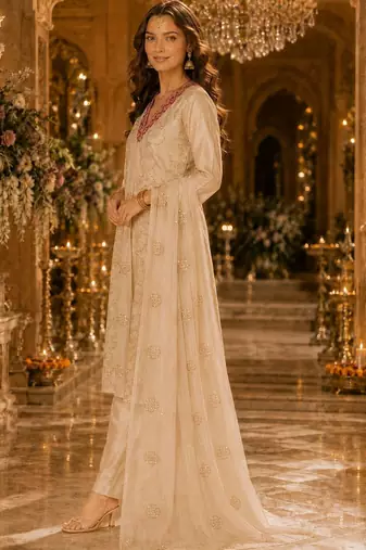 women ethnic motifs embroidered regular kurta with trousers & with dupatta