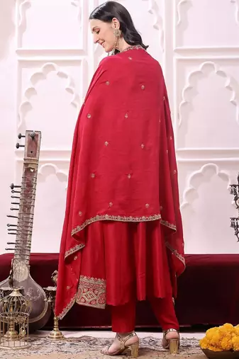 women ethnic motifs embroidered panelled thread work kurta with trousers & with dupatta