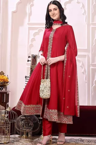 women ethnic motifs embroidered panelled thread work kurta with trousers & with dupatta